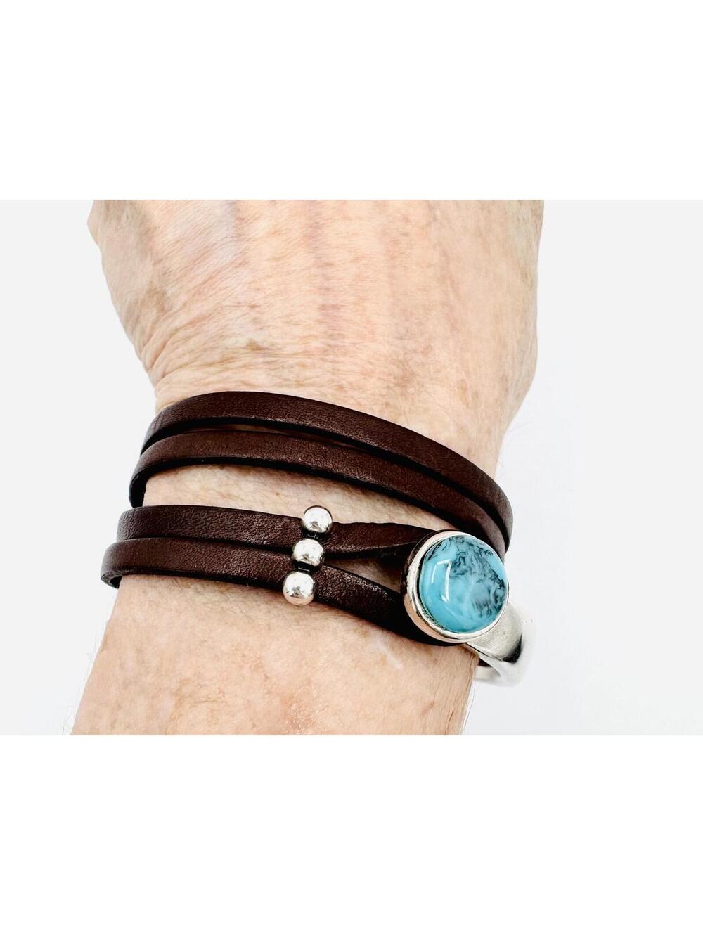 Men's leather, silver and turquoise cuff wrap bracelet